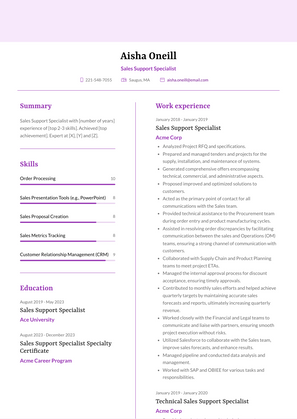 Sales Support Specialist Resume Sample and Template