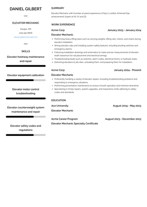 Elevator Mechanic Resume Sample and Template