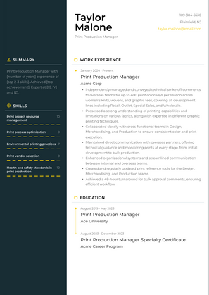 Print Production Manager Resume Sample and Template