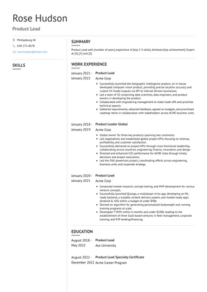 Product Lead Resume Sample and Template