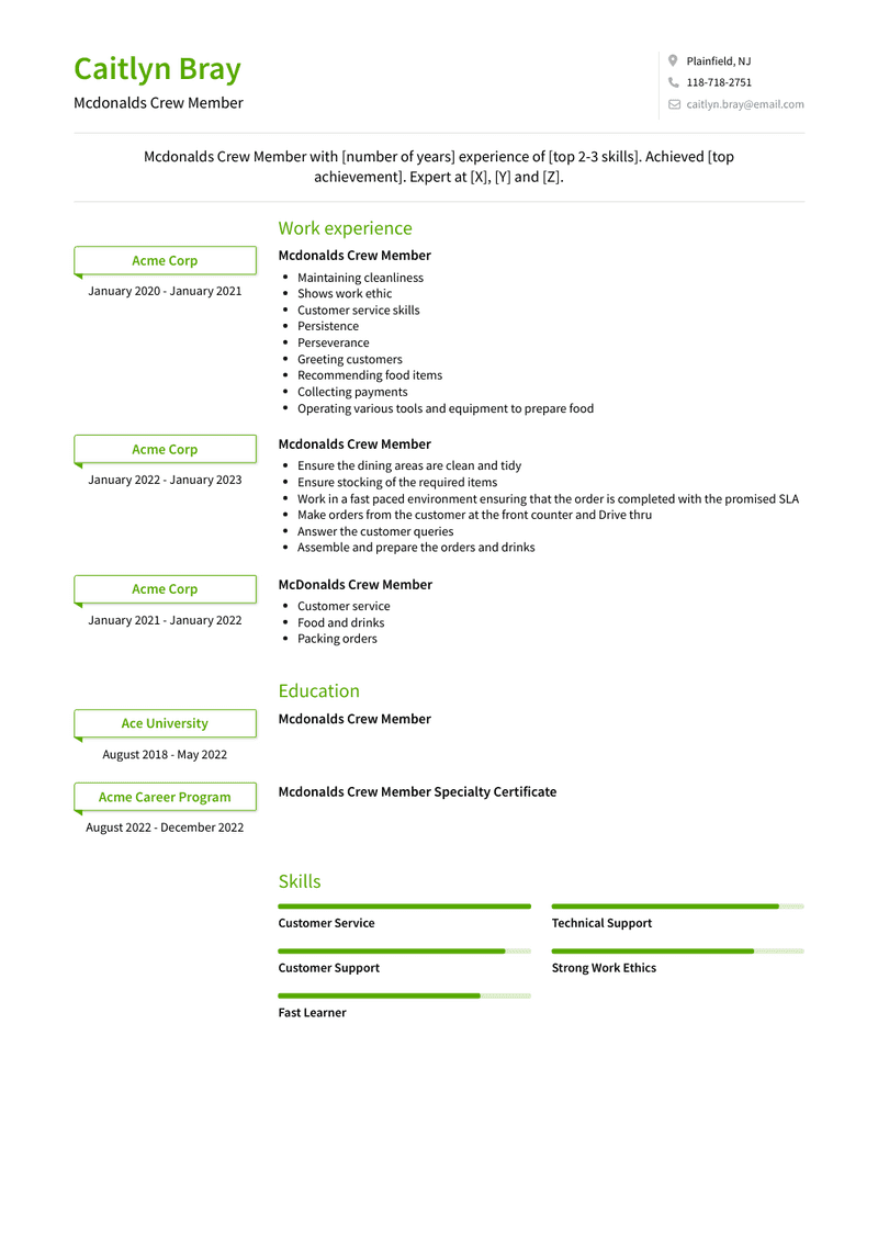 Mcdonalds Crew Member Resume Sample and Template