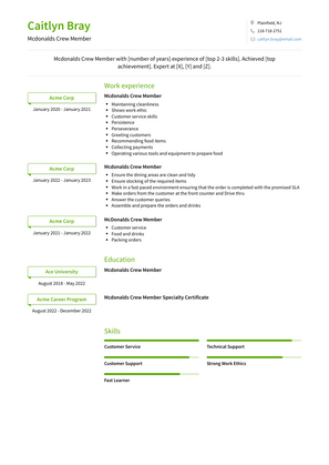 Mcdonalds Crew Member Resume Sample and Template