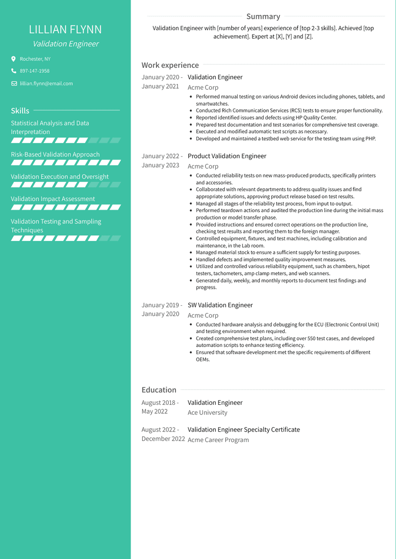 Validation Engineer Resume Sample and Template