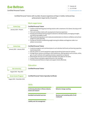 Certified Personal Trainer Resume Sample and Template