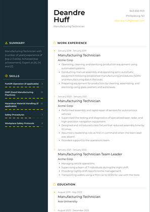 Manufacturing Technician Resume Sample and Template