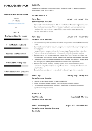 Senior Technical Recruiter Resume Sample and Template