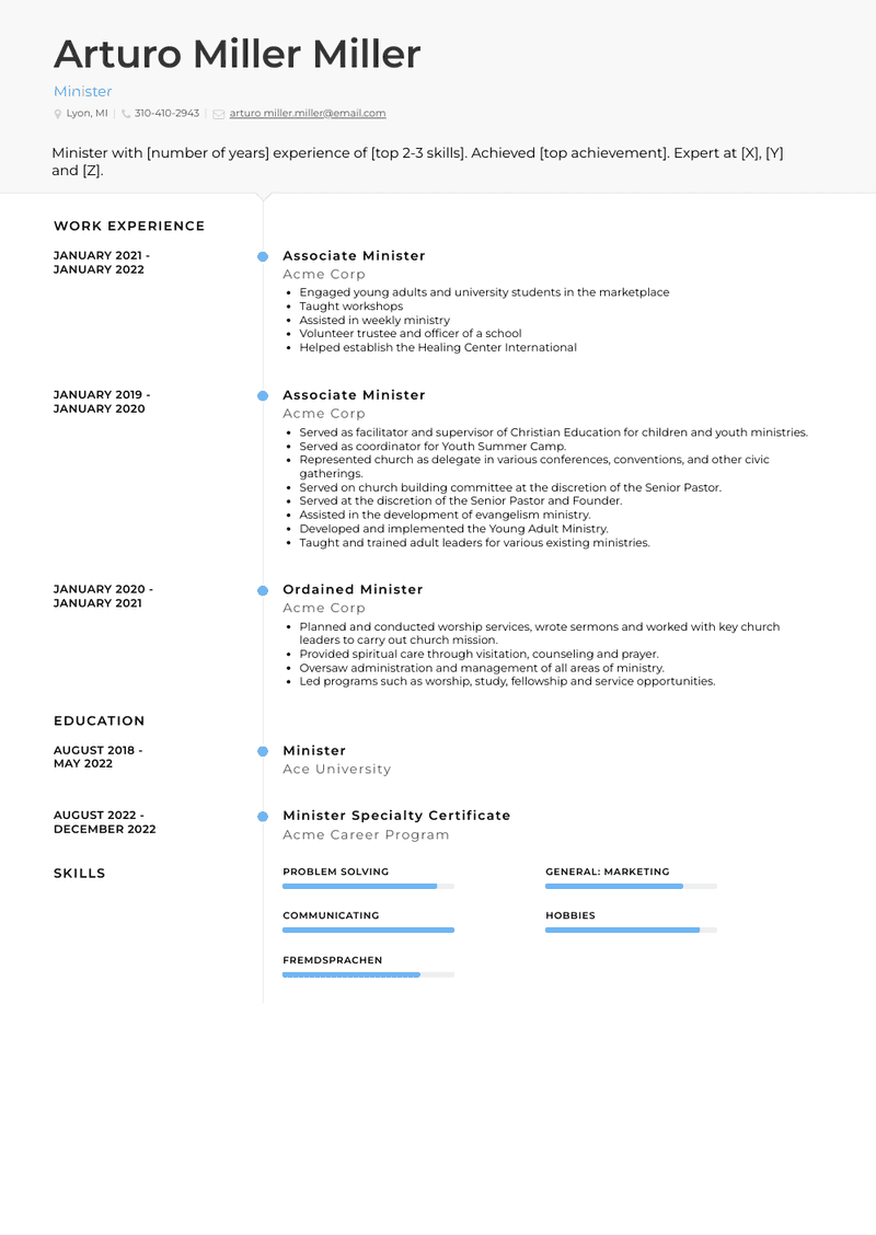 Minister Resume Sample and Template