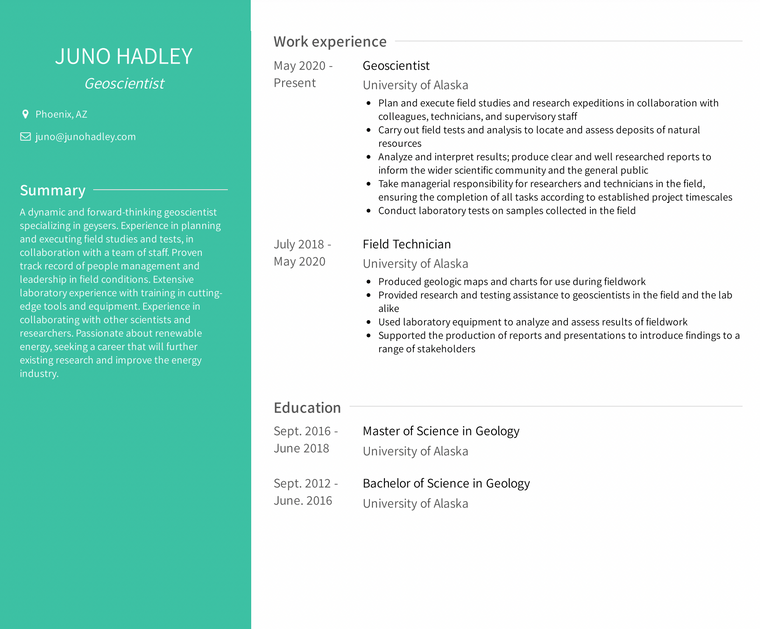 Geoscientist Resume Example