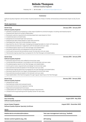 Software Quality Engineer Resume Sample and Template