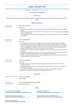 Community Organizer Resume Sample and Template