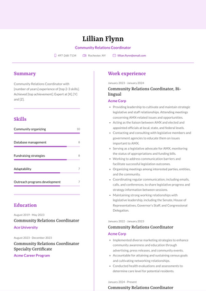 Community Relations Coordinator Resume Sample and Template