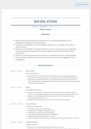 Senior Pastor Resume Sample and Template