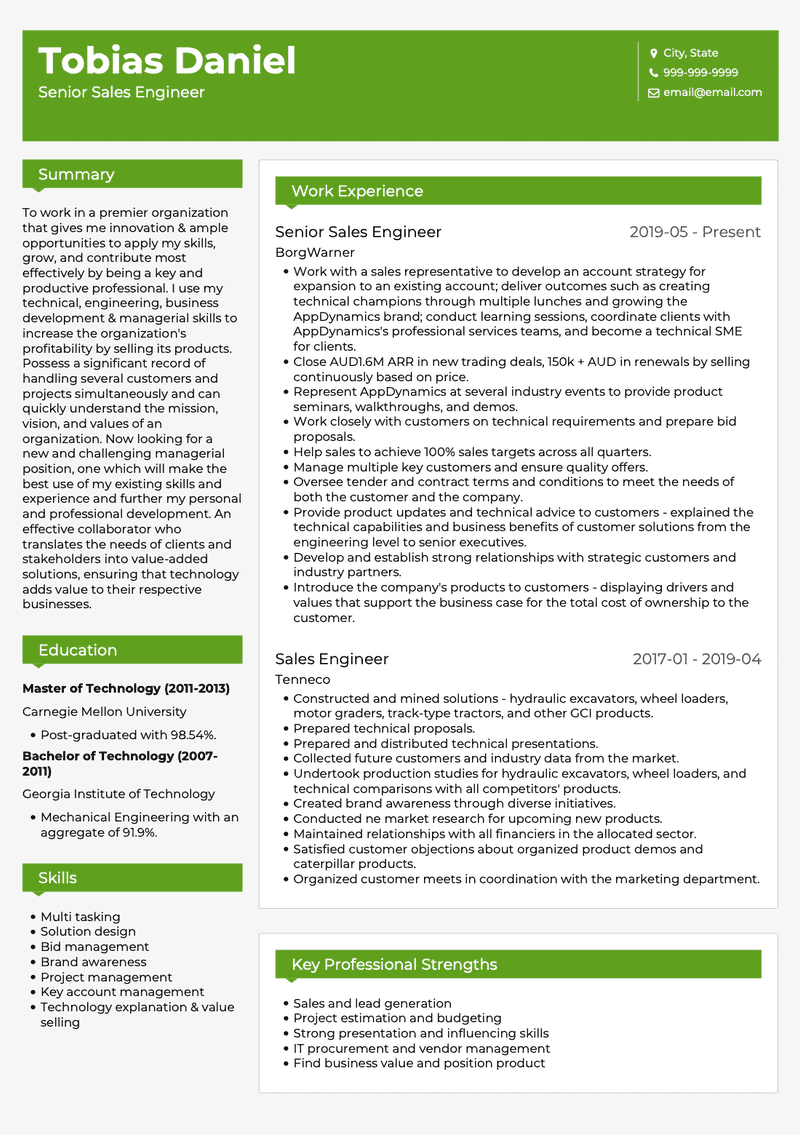 Senior Sales Engineer CV Example and Template