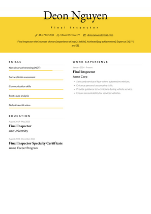 Final Inspector Resume Sample and Template