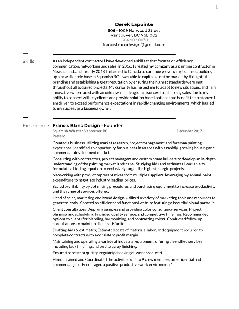 self employed resume with founder experience