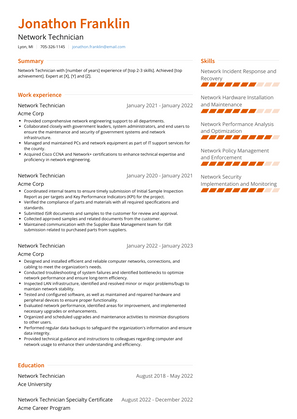 Network Technician Resume Sample and Template