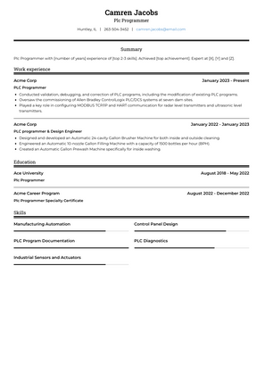 Plc Programmer Resume Sample and Template