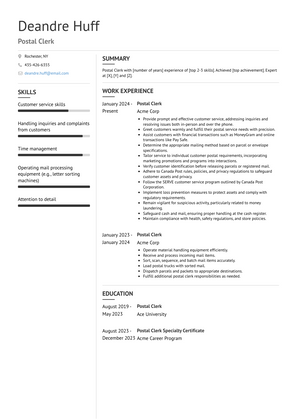 Postal Clerk Resume Sample and Template