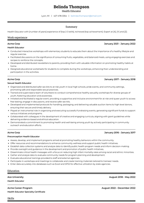 Health Educator Resume Sample and Template