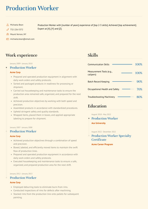 Production Worker Resume Sample and Template
