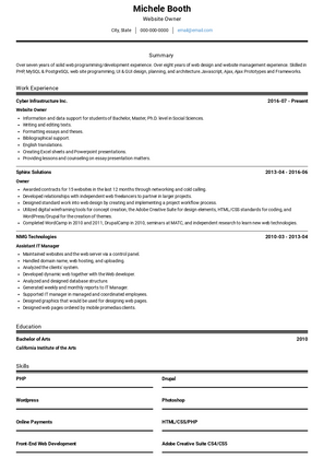 Website Owner Resume Sample and Template