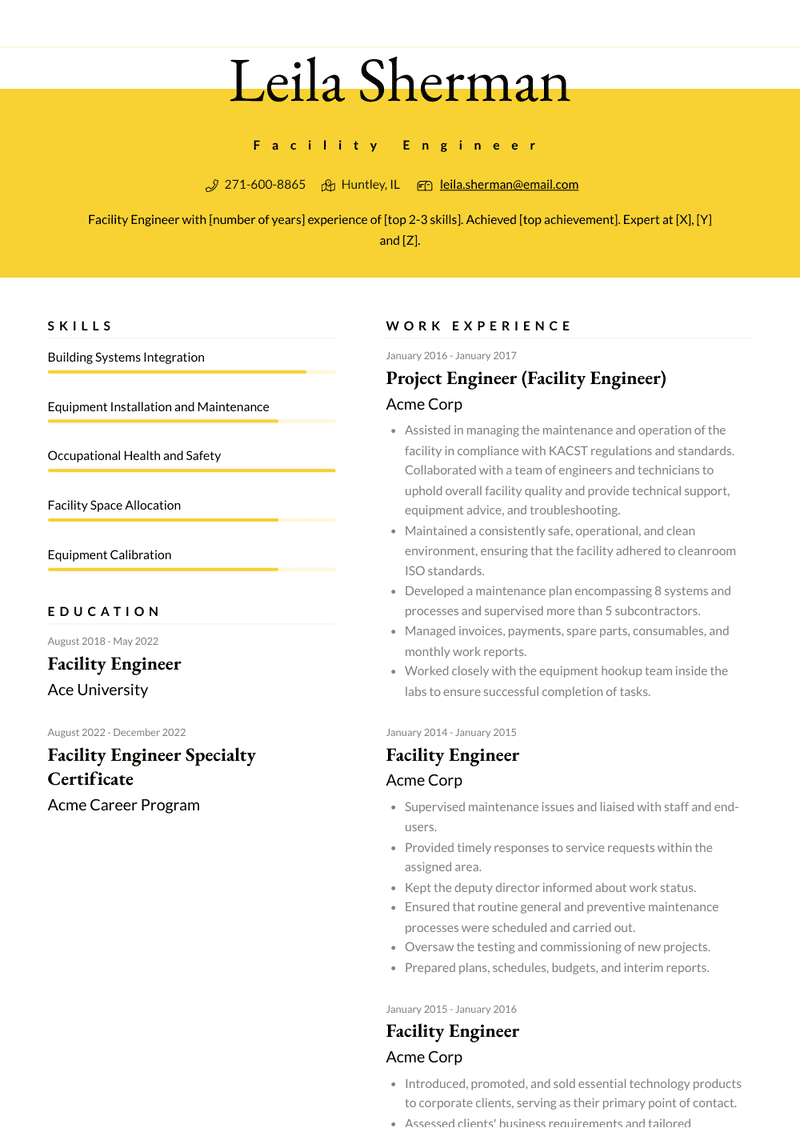 Facility Engineer Resume Sample and Template