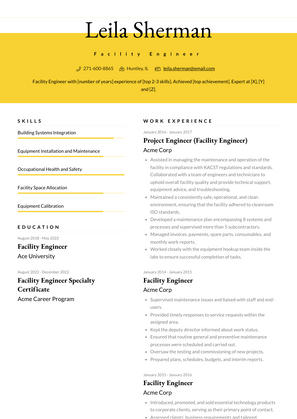 Facility Engineer Resume Sample and Template