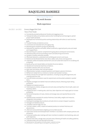 Grocery Bagger/Deli Clerk Resume Sample and Template