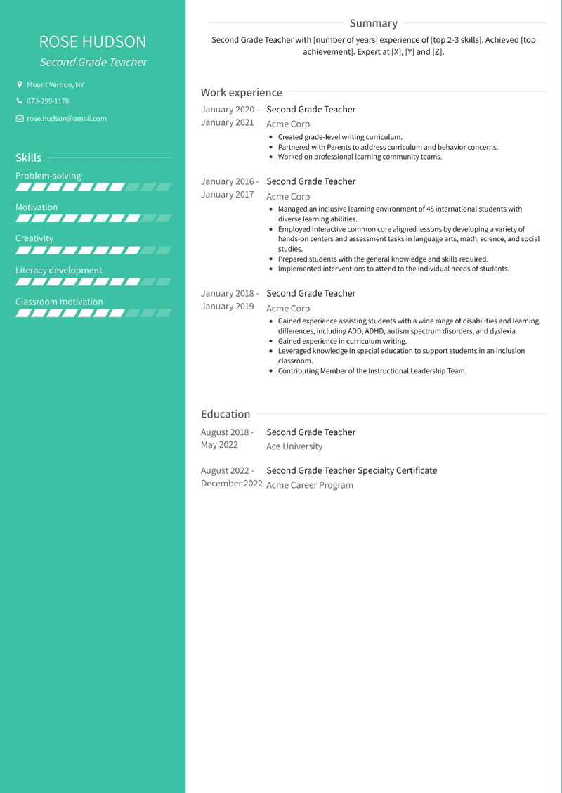 Second Grade Teacher Resume Sample and Template