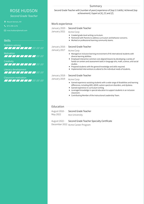 Second Grade Teacher Resume Sample and Template