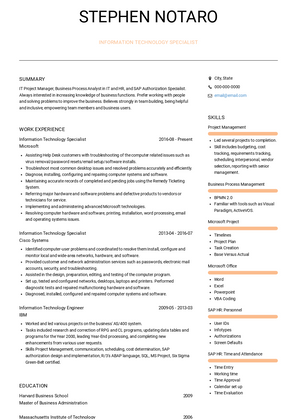 Information Technology Specialist Resume Sample and Template