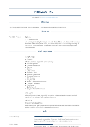 Swing Manager Resume Sample and Template