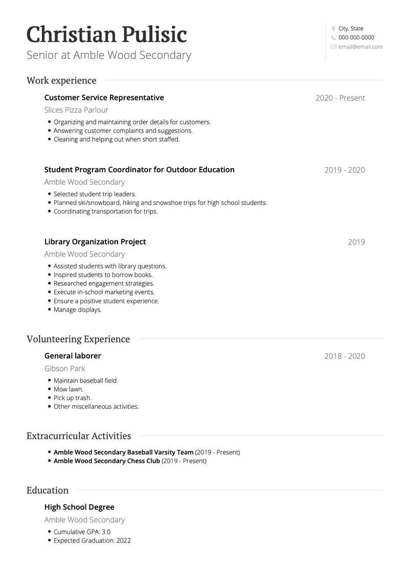 High School Student CV Example and Template