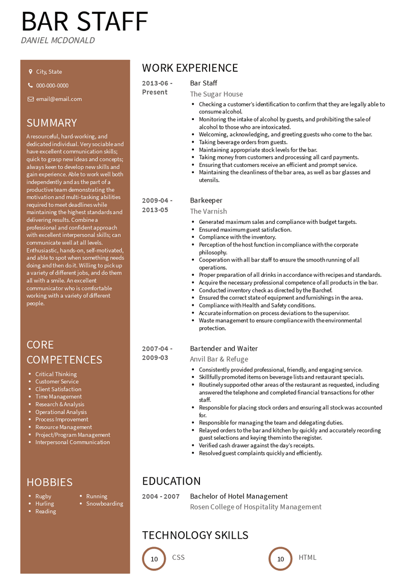 Bar Staff Resume Sample and Template