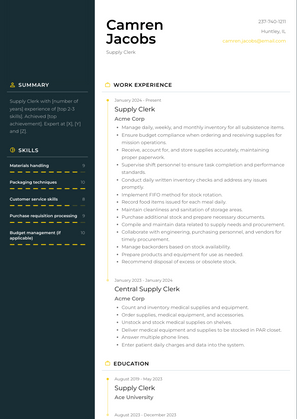 Supply Clerk Resume Sample and Template