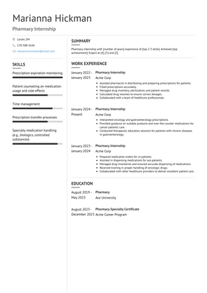 Pharmacy Internship Resume Sample and Template