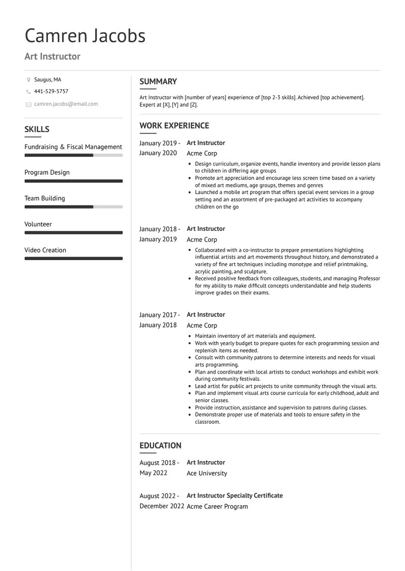 Art Instructor Resume Sample and Template