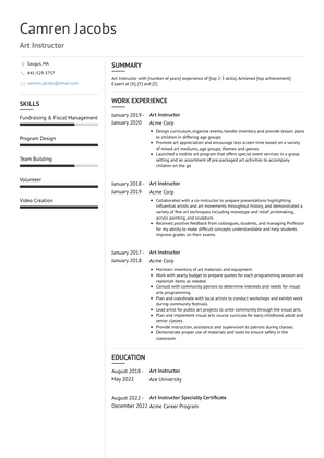 Art Instructor Resume Sample and Template