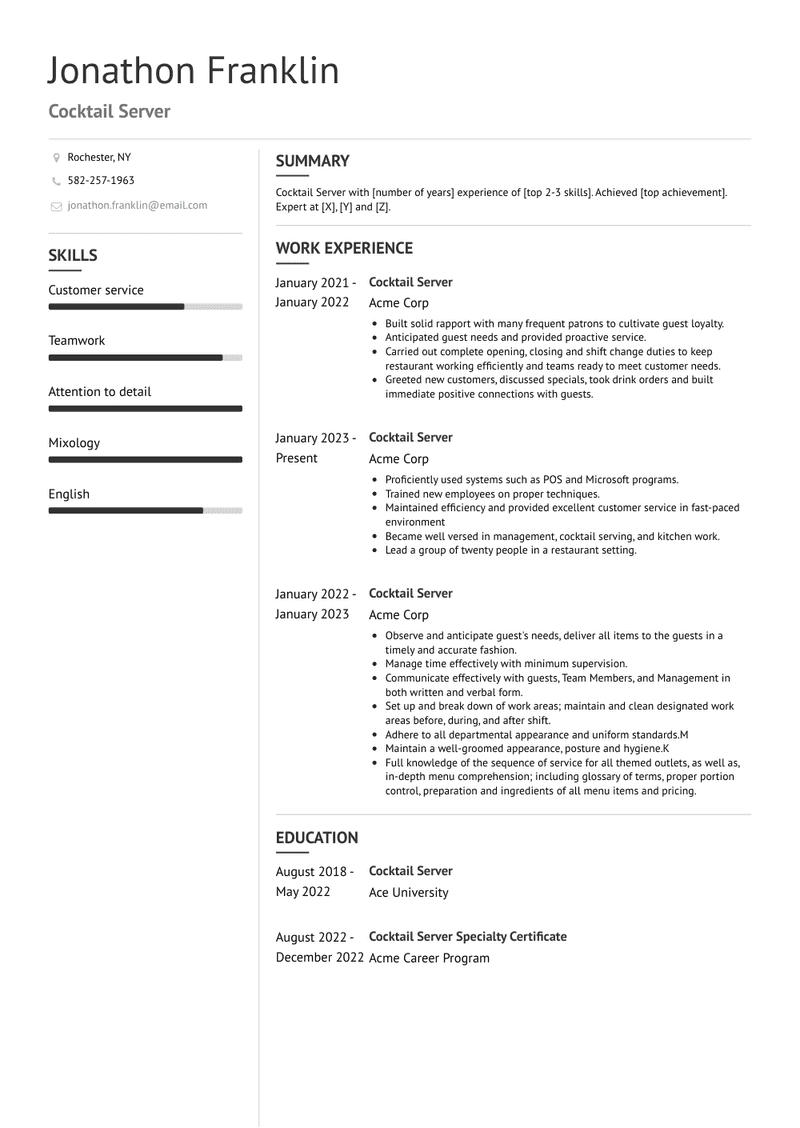 Cocktail Server Resume Sample and Template