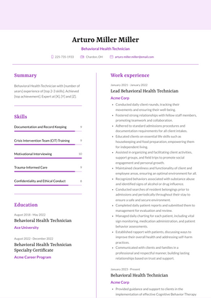 Behavioral Health Technician Resume Sample and Template