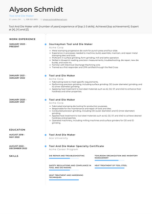 Tool And Die Maker Resume Sample and Template