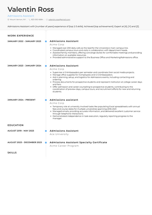 Admissions Assistant Resume Sample and Template