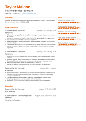 Customer Service Technician Resume Sample and Template