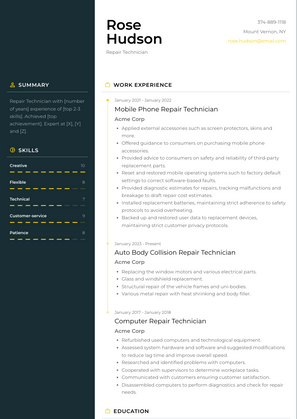 Repair Technician Resume Sample and Template