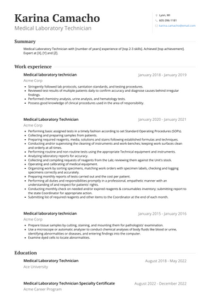 Medical Laboratory Technician Resume Sample and Template