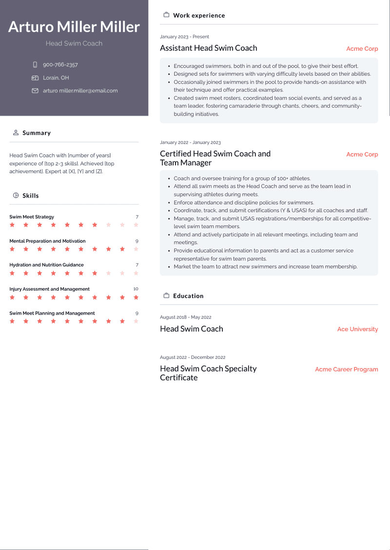 Head Swim Coach Resume Sample and Template