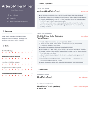 Head Swim Coach Resume Sample and Template