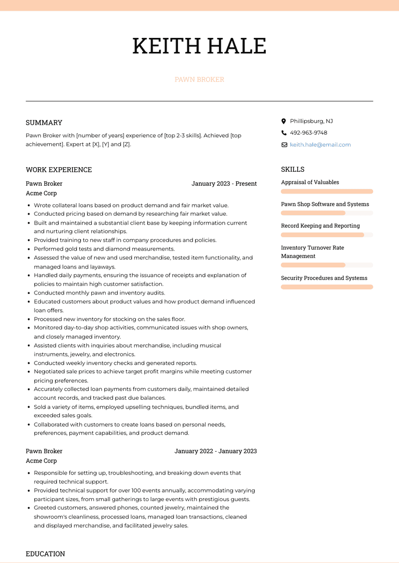 Pawn Broker Resume Sample and Template