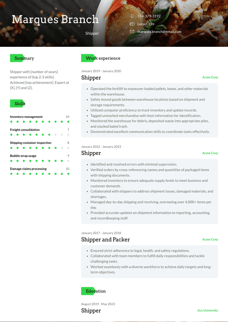 Shipper Resume Sample and Template