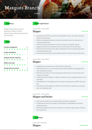 Shipper Resume Sample and Template